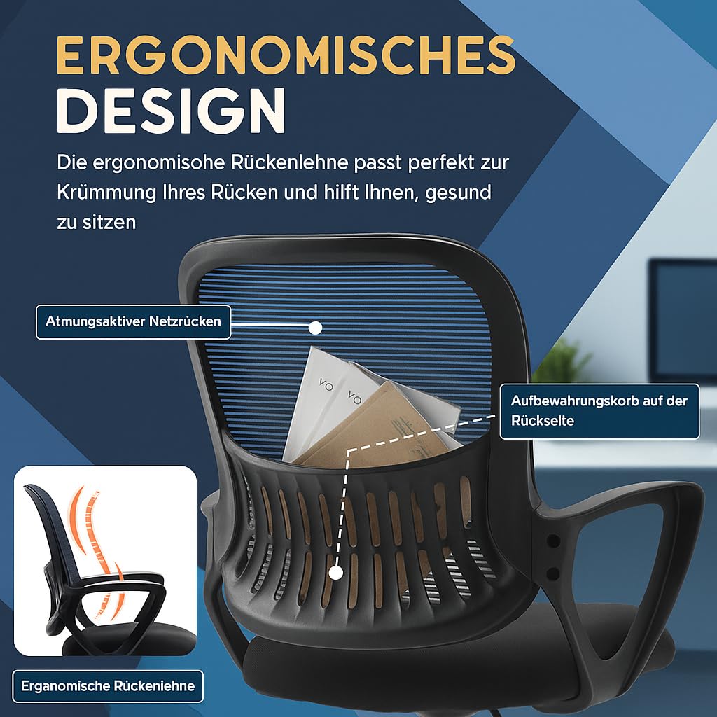 DUMOS Bürostuhl Ergonomisch Schreibtischstuhl mit Lendenwirbelstütze Verstellbaren Armlehnen Drehstuhl Höhenverstellbarer Office Chair Bürostühle Geeignet für Büro und Schlafzimmer(Schwarz)