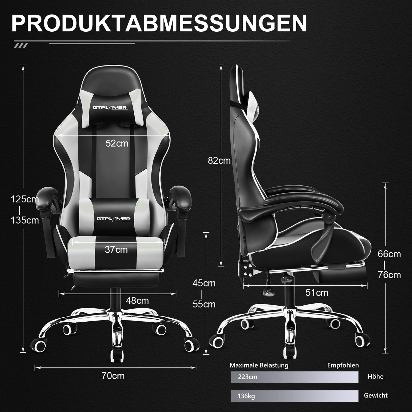 GTPLAYER Gaming Stuhl Ergonomisch mit Fußstütze und Massage Weiß