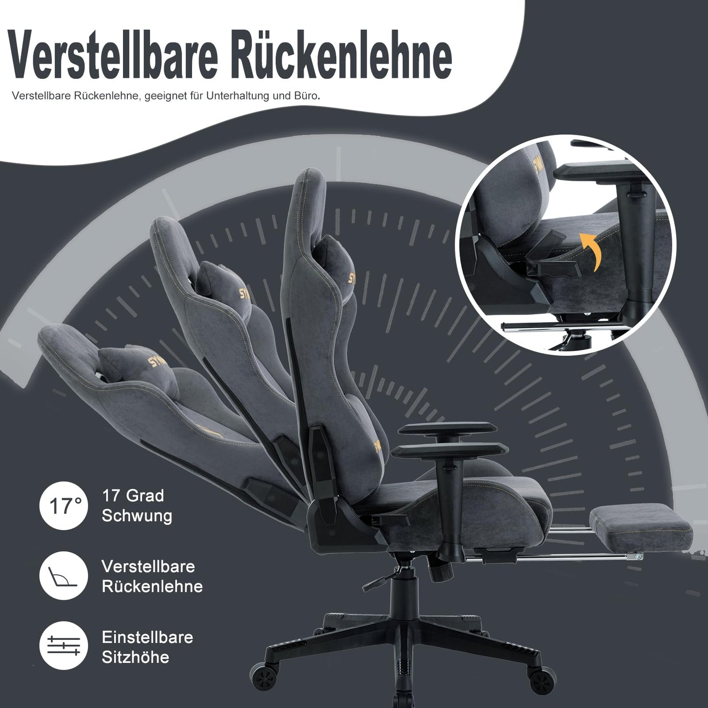 Symino Gaming Stuhl Ergonomisch mit Fußstütze Stoff Grau