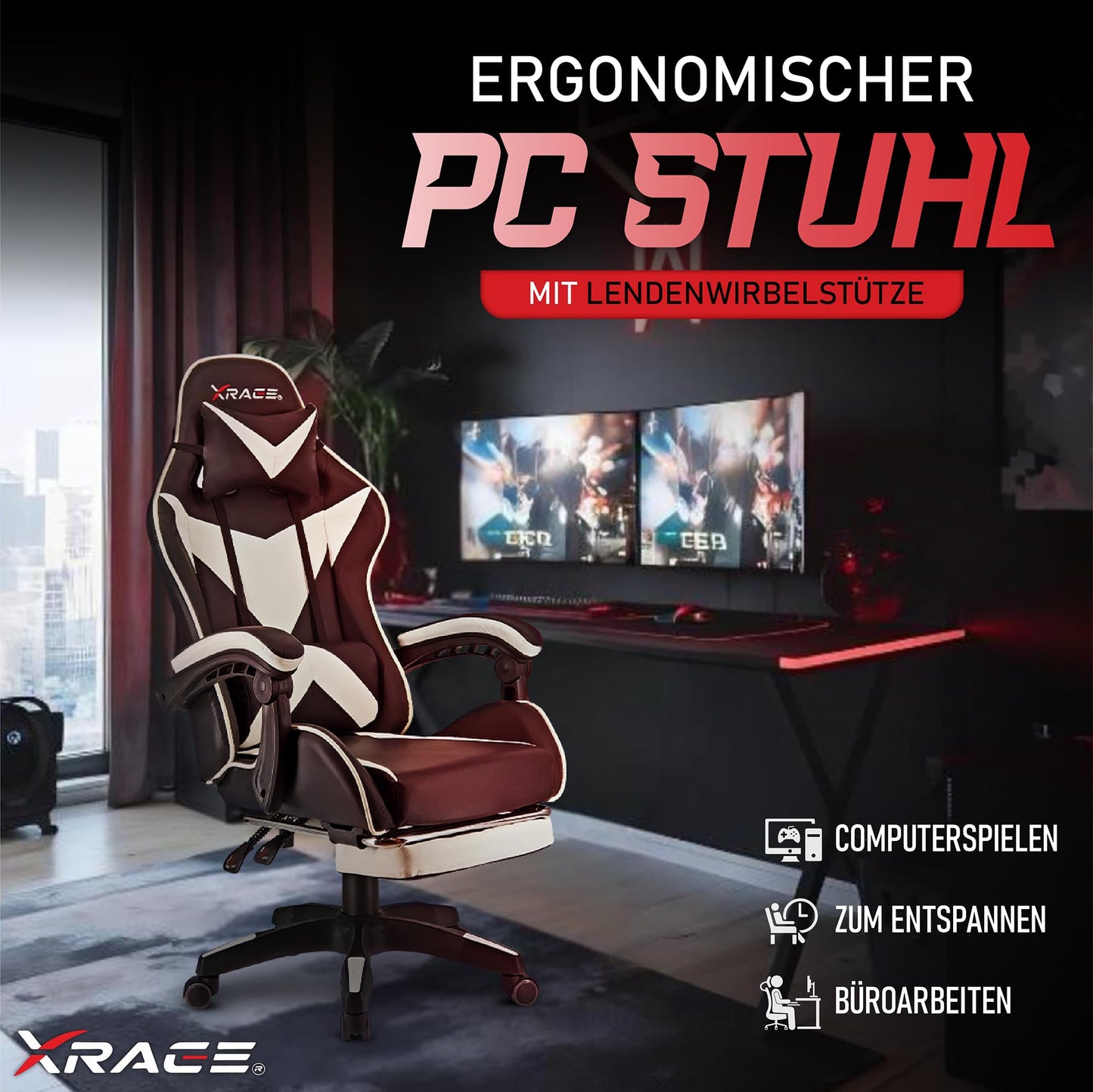 xRace Gaming Stuhl Ergonomisch mit Fußstütze Weiß