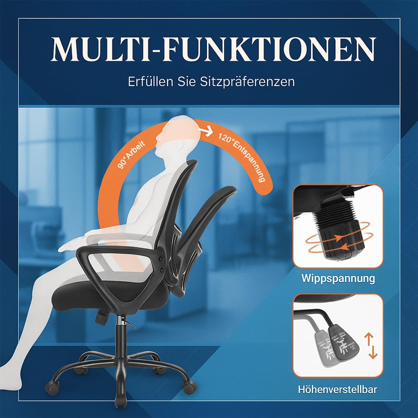 DUMOS Bürostuhl Ergonomisch Schreibtischstuhl mit Lendenwirbelstütze Verstellbaren Armlehnen Drehstuhl Höhenverstellbarer Office Chair Bürostühle Geeignet für Büro und Schlafzimmer(Schwarz)