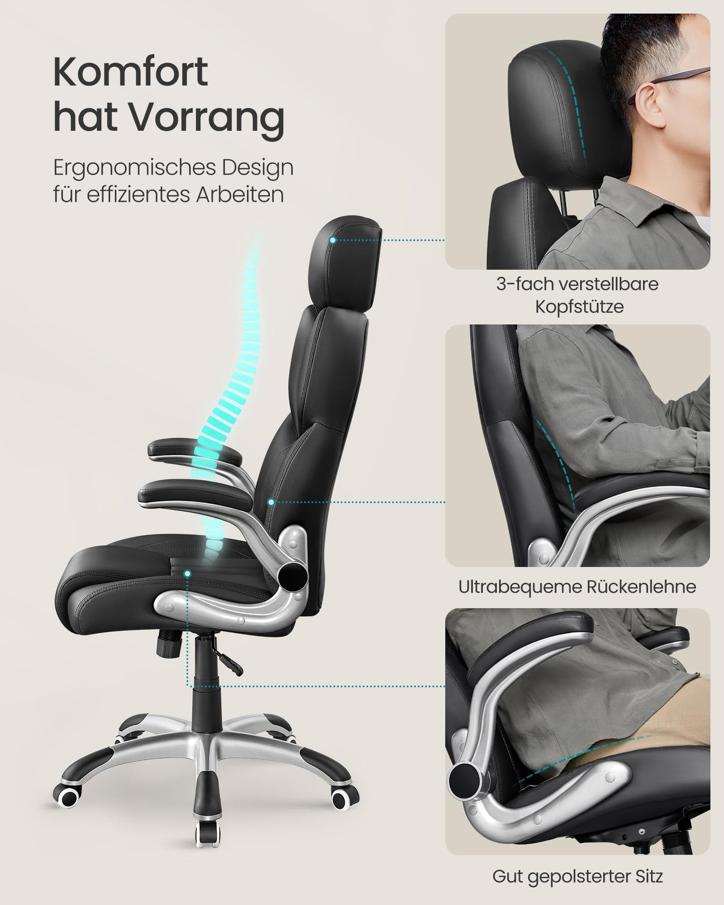 SONGMICS Gaming Stuhl mit Kopfstütze Schwarz OBG65BK