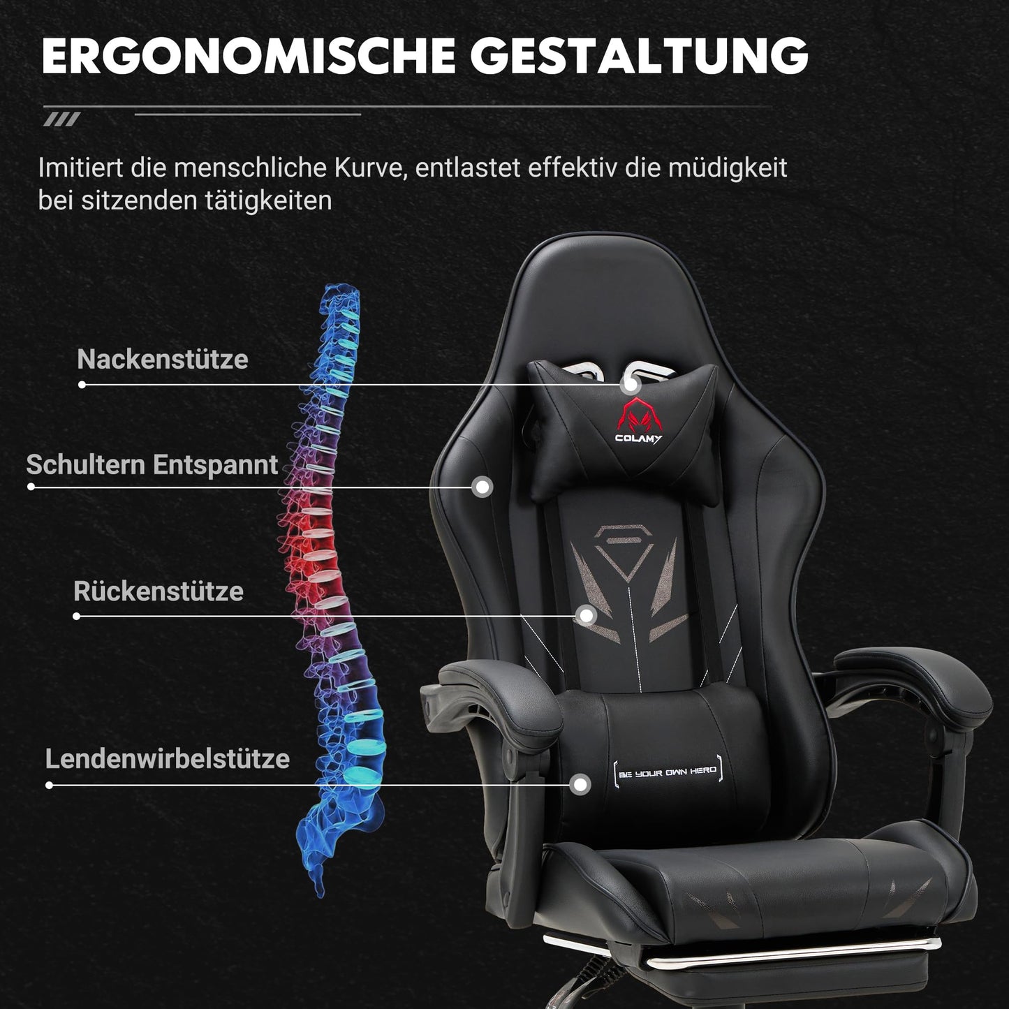 COLAMY Gaming Stuhl Ergonomisch mit Fußstütze Schwarz