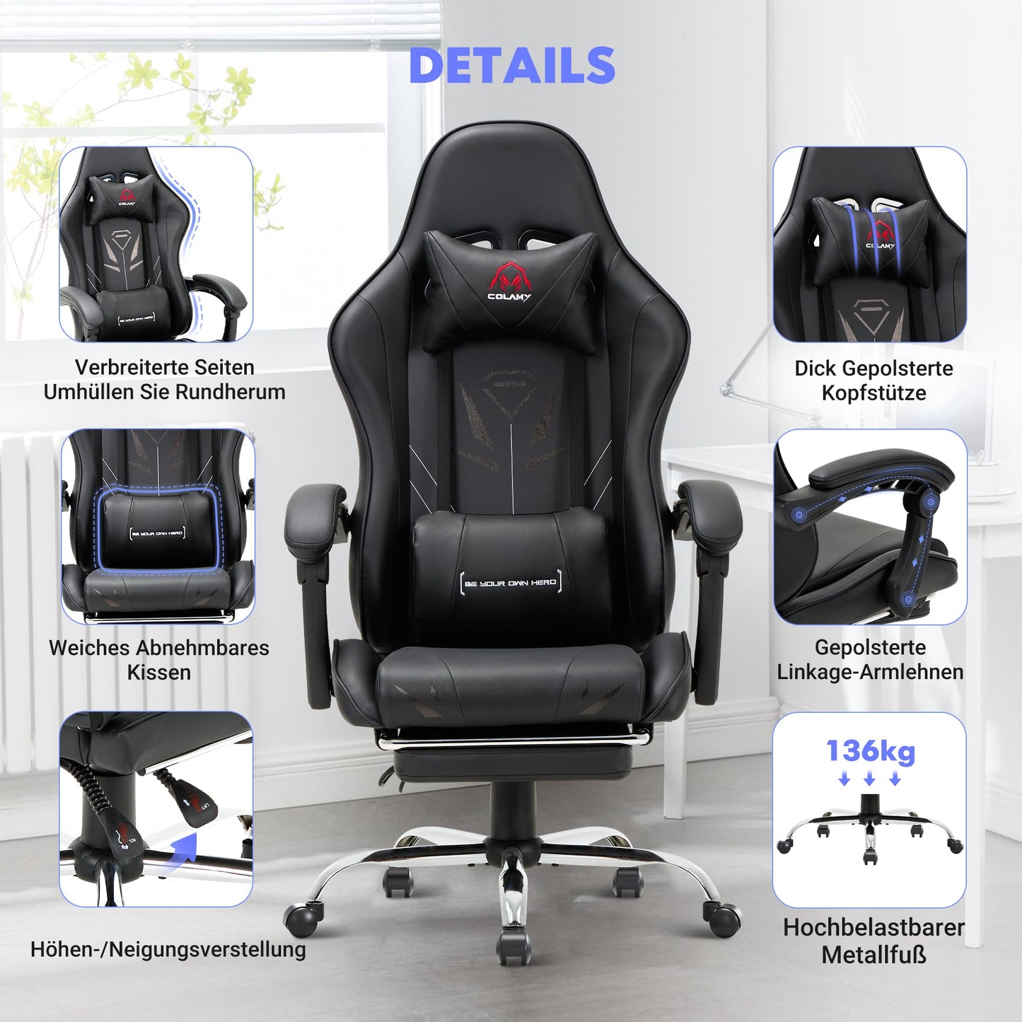 COLAMY Gaming Stuhl Ergonomisch mit Fußstütze Schwarz