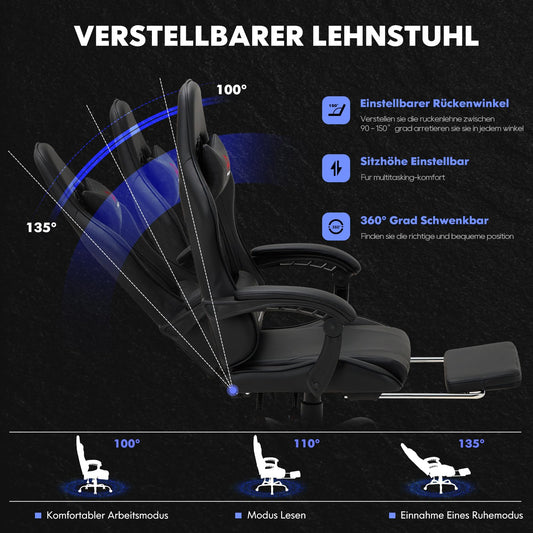 COLAMY Gaming Stuhl Ergonomisch mit Fußstütze Schwarz